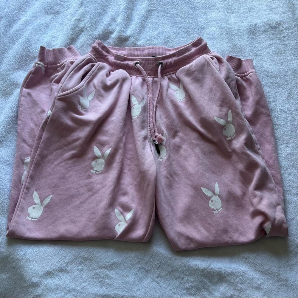 PLAYBOY Pink Joggers with White Bunny Print